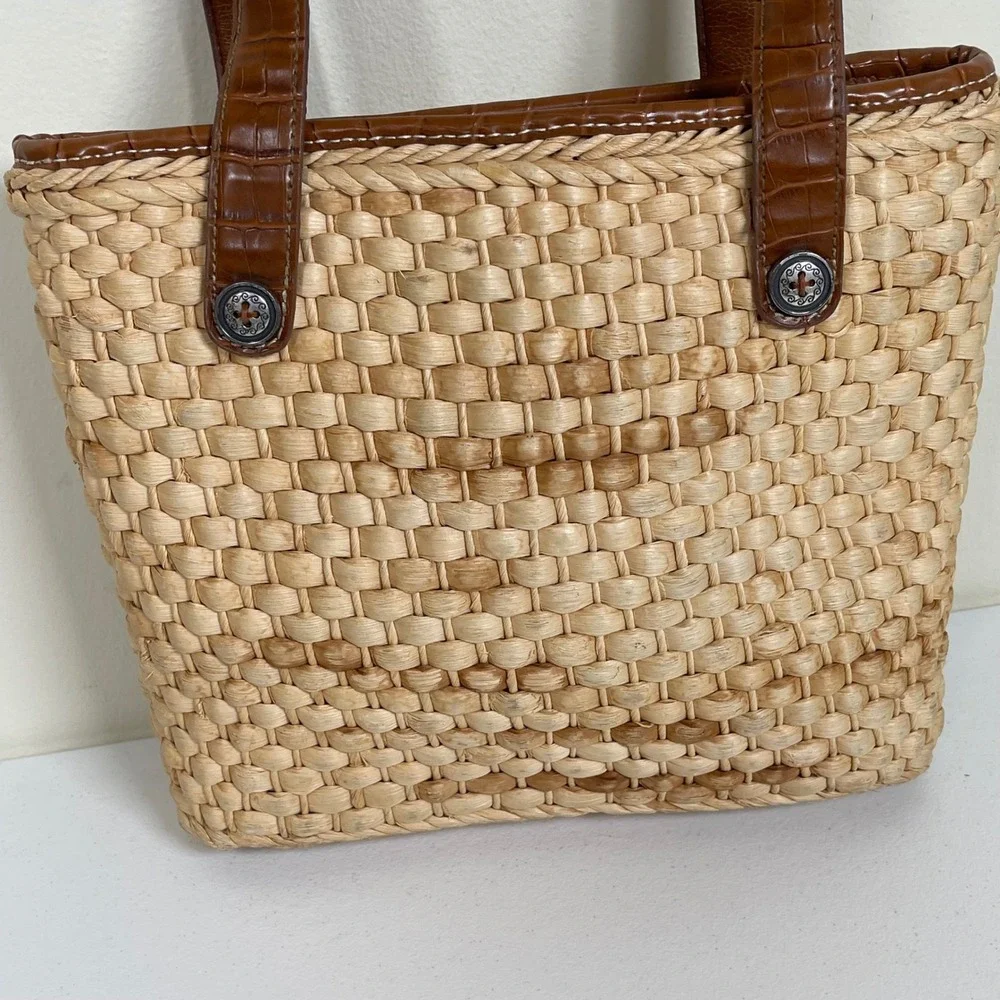 Vintage Elka Woven Straw Floral Applique Satchel Purse Handbag‎ Boho Cottage